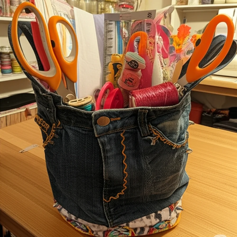 Upcycled Hand Craftef Greatful Dead Denim Blue Jeans Storage Basket Tote
